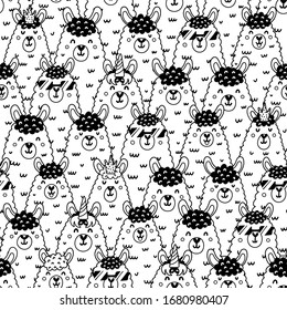 Funny doodle llamas black and white seamless pattern. Alpaca faces background. Coloring page for adults and kids with cute lama. Vector illustration