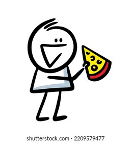 Funny doodle man eating a slice of pizza. Vector hand drawn food illustration.