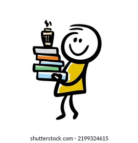 Funny doodle man holding books and coffee mug. Vector hand drawn sketch of people.