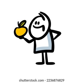 Funny doodle man holds a fresh apple in hand and going to eat. Vector illustration of healthy food.