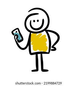 Funny doodle man looking in smartphone making selfy. Hand drawn cartoon illustration.