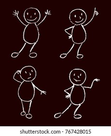 Funny doodle man set. Black and white chalk or wax crayon like kid`s hand drawn. Vector simply line cartoon comic characters. Persons with smiley, happy, victory expressions.
