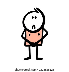 Der lustige Doodle Mann ohne Kleidung beschämt verdeckt seinen Körper mit Händen. Vektorgrafik lustiger Strichfigur.