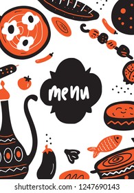 Funny doodle menu template with illustration of traditional middle eastern food. Vector. Isolated on white.