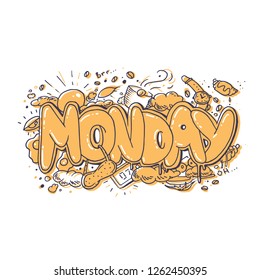 Funny doodle monday text with morning elements like alarm,watch,breakfast,the sun,croissants.Great for sticker,poster,t-shirt.