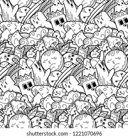 Funny doodle monsters on seamless pattern for prints, cards, designs and coloring books. Vector illustration