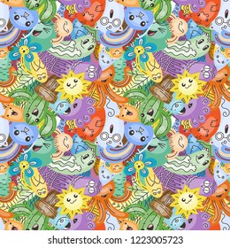 Funny doodle monsters on seamless pattern for prints, cards, designs and coloring books. Vector illustration