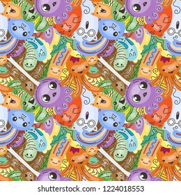 Funny doodle monsters on seamless pattern for prints, cards, designs and coloring books. Vector illustration