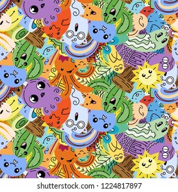 Funny doodle monsters on seamless pattern for prints, cards, designs and coloring books. Vector illustration
