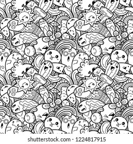 Funny doodle monsters on seamless pattern for prints, cards, designs and coloring books. Vector illustration