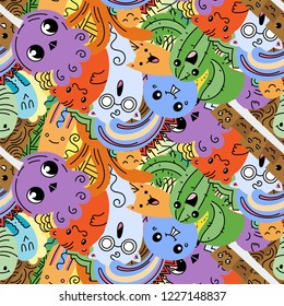 Funny doodle monsters on seamless pattern for prints, cards, designs and coloring books. Vector illustration