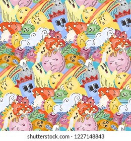 Funny doodle monsters on seamless pattern for prints, cards, designs and coloring books. Vector illustration