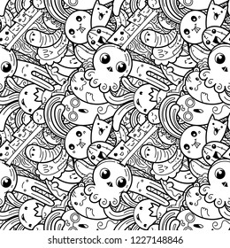 Funny doodle monsters on seamless pattern for prints, cards, designs and coloring books. Vector illustration