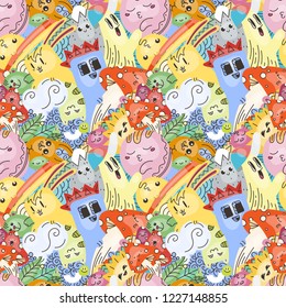 Funny doodle monsters on seamless pattern for prints, cards, designs and coloring books. Vector illustration