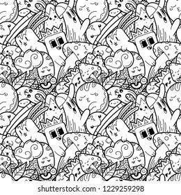 Funny doodle monsters on seamless pattern for prints, cards, designs and coloring books. Vector illustration