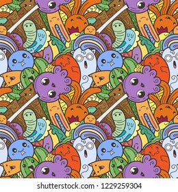 Funny doodle monsters on seamless pattern for prints, cards, designs and coloring books. Vector illustration