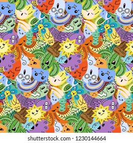Funny doodle monsters on seamless pattern for prints, cards, designs and coloring books. Vector illustration