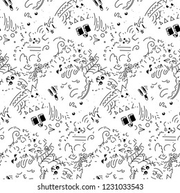 Funny doodle monsters on seamless pattern for prints, cards, designs and coloring books. Vector illustration