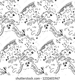 Funny doodle monsters on seamless pattern for prints, cards, designs and coloring books. Vector illustration