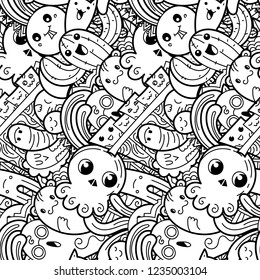 Funny doodle monsters on seamless pattern for prints, cards, designs and coloring books. Vector illustration