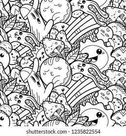 Funny doodle monsters on seamless pattern for prints, cards, designs and coloring books. Vector illustration