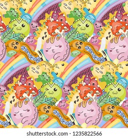 Funny doodle monsters on seamless pattern for prints, cards, designs and coloring books. Vector illustration