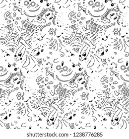 Funny doodle monsters on seamless pattern for prints, cards, designs and coloring books. Vector illustration