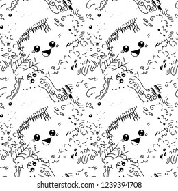 Funny doodle monsters on seamless pattern for prints, cards, designs and coloring books. Vector illustration