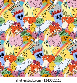 Funny doodle monsters on seamless pattern for prints, cards, designs and coloring books. Vector illustration