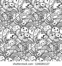 Funny doodle monsters on seamless pattern for prints, cards, designs and coloring books. Vector illustration