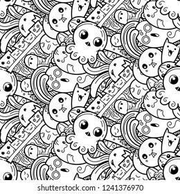 Funny doodle monsters on seamless pattern for prints, cards, designs and coloring books. Vector illustration