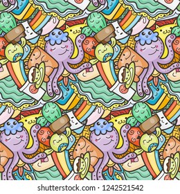 Funny doodle monsters on seamless pattern for prints, cards, designs and coloring books. Vector illustration
