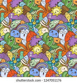 Funny doodle monsters on seamless pattern for prints, cards, designs and coloring books. Vector illustration