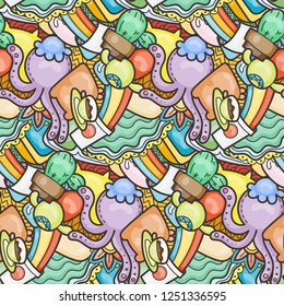 Funny doodle monsters on seamless pattern for prints, cards, designs and coloring books. Vector illustration