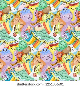 Funny doodle monsters on seamless pattern for prints, cards, designs and coloring books. Vector illustration
