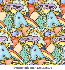 Funny doodle monsters on seamless pattern for prints, cards, designs and coloring books. Vector illustration