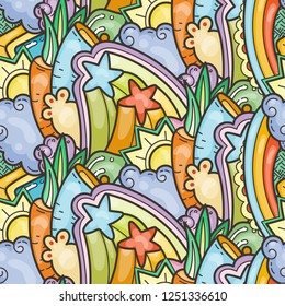 Funny doodle monsters on seamless pattern for prints, cards, designs and coloring books. Vector illustration