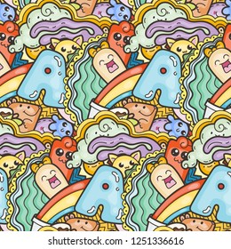Funny doodle monsters on seamless pattern for prints, cards, designs and coloring books. Vector illustration