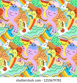 Funny doodle monsters on seamless pattern for prints, cards, designs and coloring books. Vector illustration