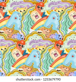 Funny doodle monsters on seamless pattern for prints, cards, designs and coloring books. Vector illustration