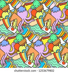 Funny doodle monsters on seamless pattern for prints, cards, designs and coloring books. Vector illustration