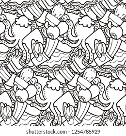 Funny doodle monsters on seamless pattern for prints, cards, designs and coloring books. Vector illustration