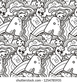 Funny doodle monsters on seamless pattern for prints, cards, designs and coloring books. Vector illustration