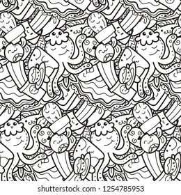 Funny doodle monsters on seamless pattern for prints, cards, designs and coloring books. Vector illustration