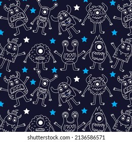 Funny Doodle Monster auf nahtlosen Mustern für Drucke, Karten, Designs und Farbbücher. Vektorgrafik