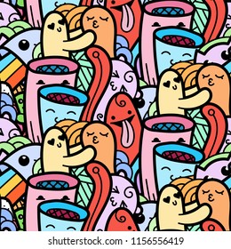 Funny doodle monsters seamless pattern for prints, designs and coloring books. Vector illustration