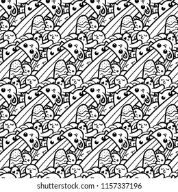 Funny doodle monsters seamless pattern for prints, designs and coloring books. Black and white lined vector illustration