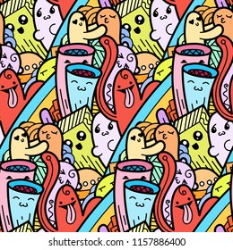 Funny doodle monsters seamless pattern for prints, designs and coloring books. Vector illustration