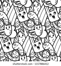 Funny doodle monsters seamless pattern for prints, designs and coloring books. Black and white lined vector illustration