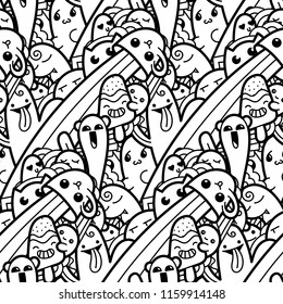 Funny doodle monsters seamless pattern for prints, designs and coloring books. Black and white lined vector illustration